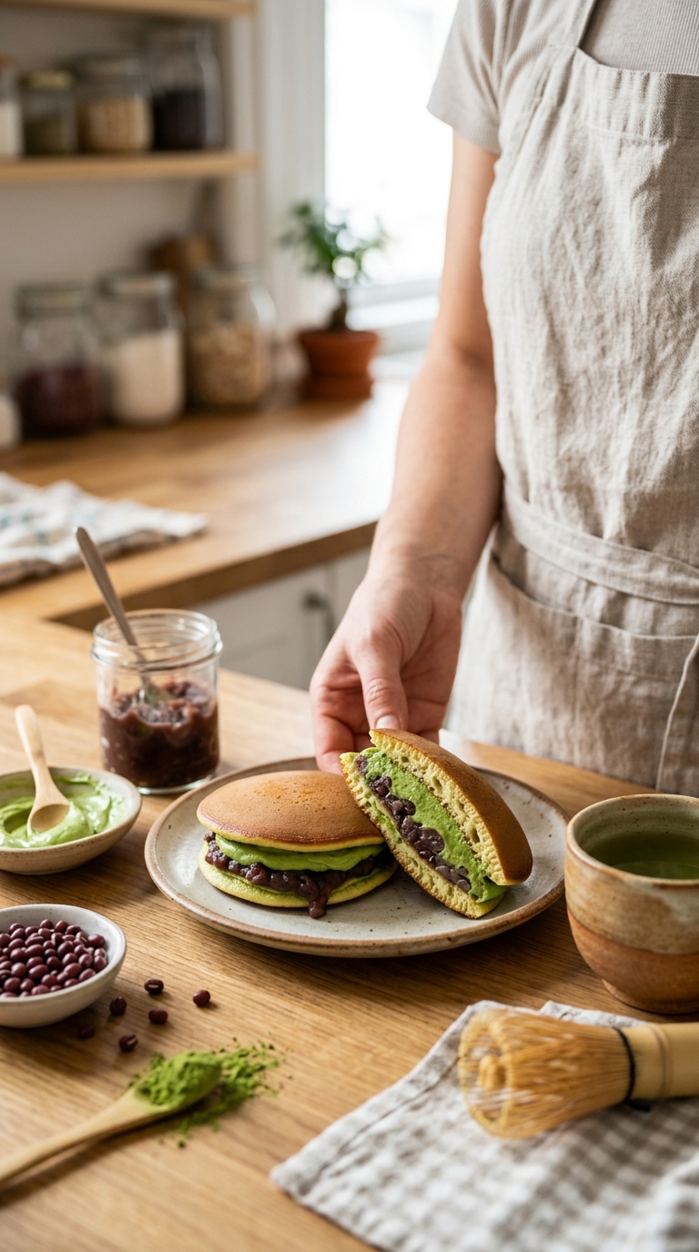 Dorayakis con crema de matcha y relleno de anko dulce
